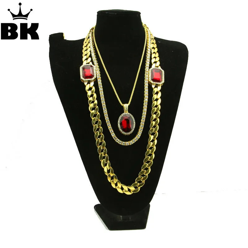 Mens Gold Color High Fashion Red Rubys 3pcs Bundle Set Iced Out Miami 