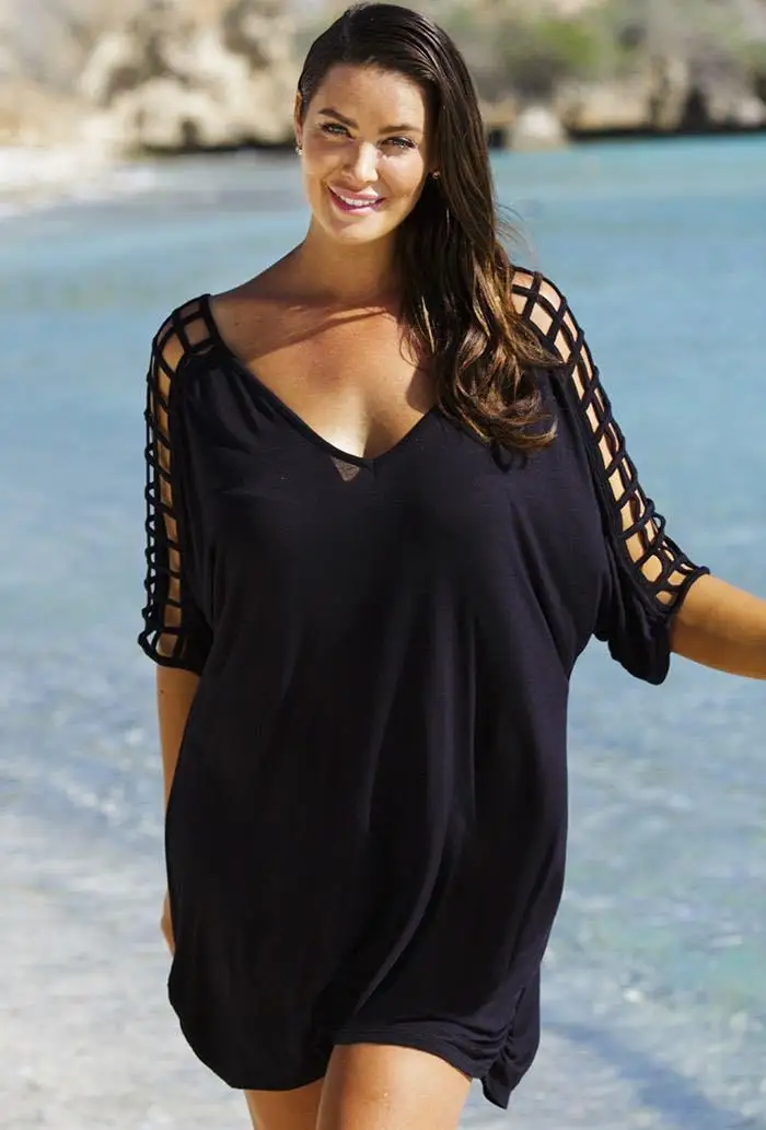 Женские летние блузки-топы большого размера плюс женская блузка пляжная одежда бикини пляжная одежда накидка Повседневная кафтан - Цвет: Черный