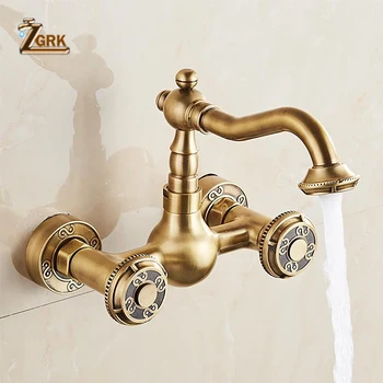 

ZGRK Basin Faucets Antique Brass Bathroom Faucet Swivel Wall Mounted Dual Handle Hot Cold Mixer Taps