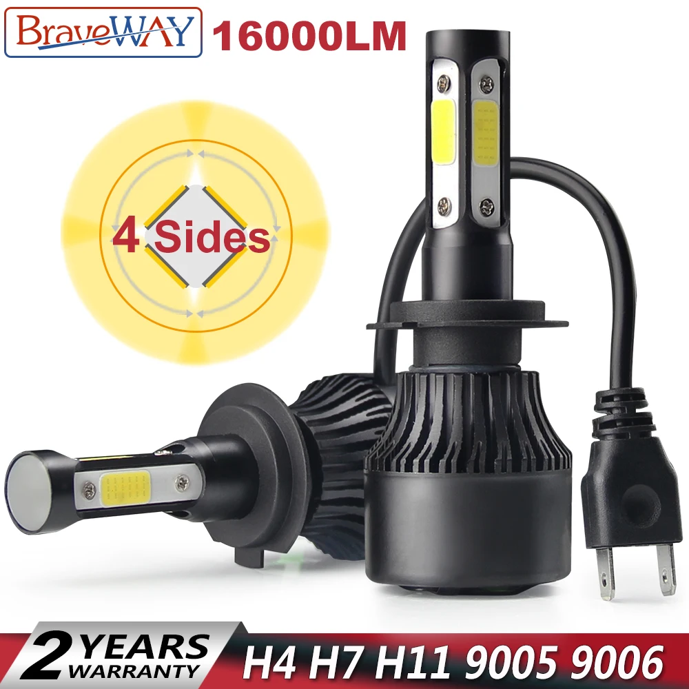 BraveWay 4 Sides LED COB Chip H4 H7 LED 16000LM H11 9005 9006 Car LED Headlight 12V HB3 HB4 H7 H4 LED Bulb Lamp H11 for Auto 