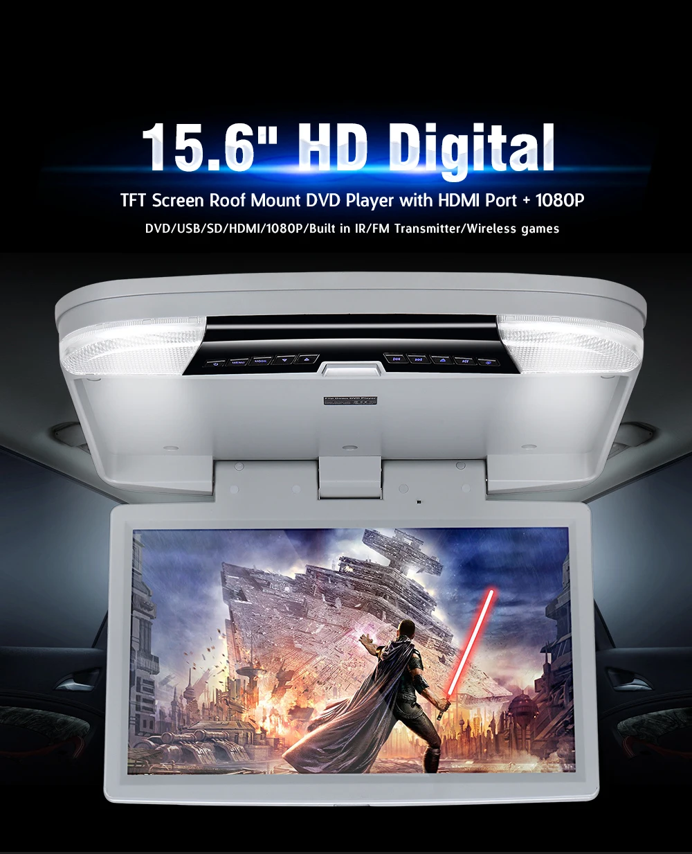 Dvd-плеер 15,6 дюймов FHD 1080P Автомобильный монитор на крыше с HDMI портом/USB/SD встроенным ИК/fm-передатчиком откидной потолочный Телевизор для автомобиля