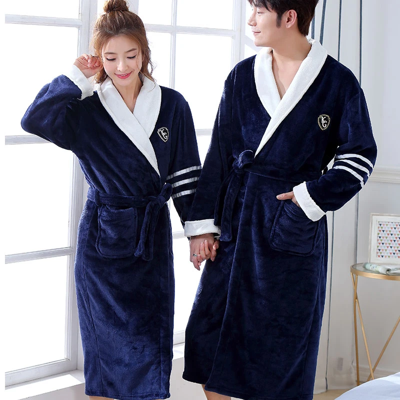 Thicken Warm Couple Style Flannel Robe Winter Long Sleeve Bathrobe Sexy ...