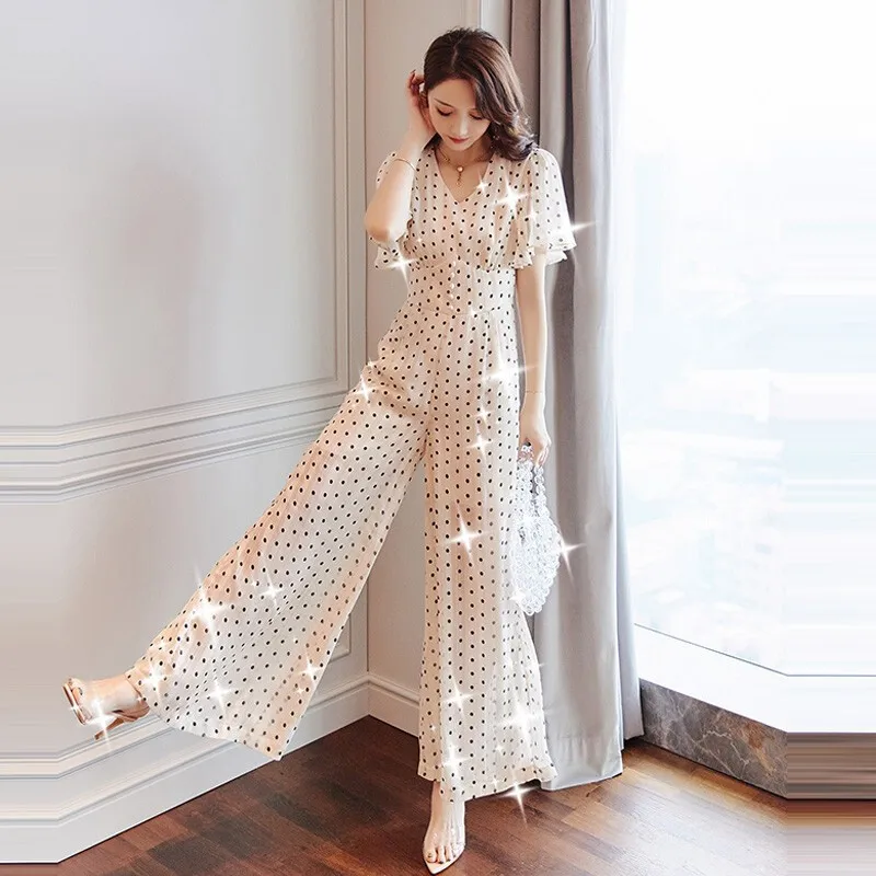 

Chiffon Rompers Womens Jumpsuit Wave Point Combinaison Femme Loose Overalls Female Summer One Piece Pants White Jumpsuits