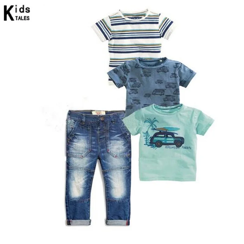 

2018 Summer Children sets baby clothes boys 4 pcs set striped suit denim t-shirts + blue t-shirt car + T-shirt + jeans