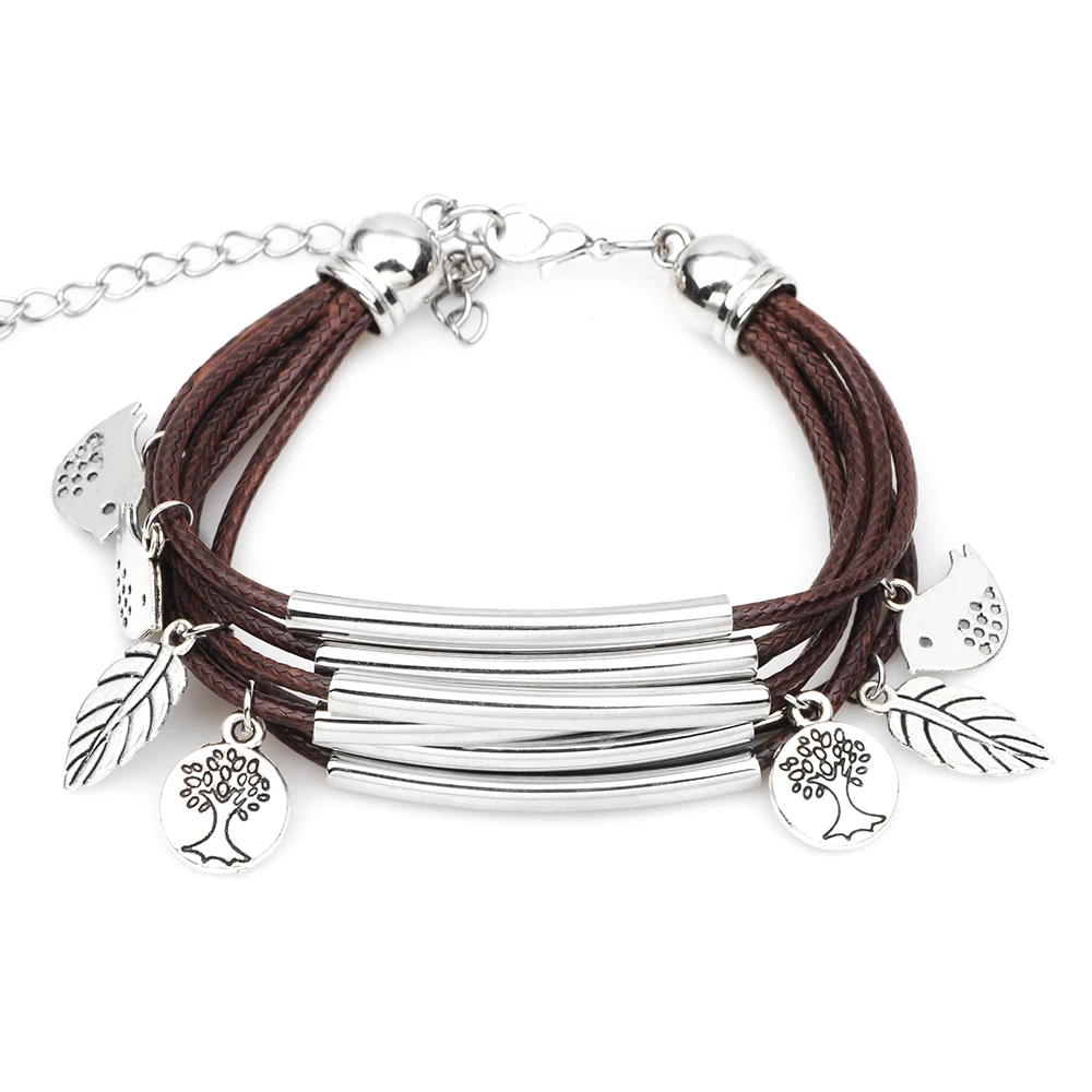 

Vintage Multilayer Bracelet Stainless Steel Metal Accessories Bird and Leaf Pendant Decorative Bracelet Bohemian Style Bracelet