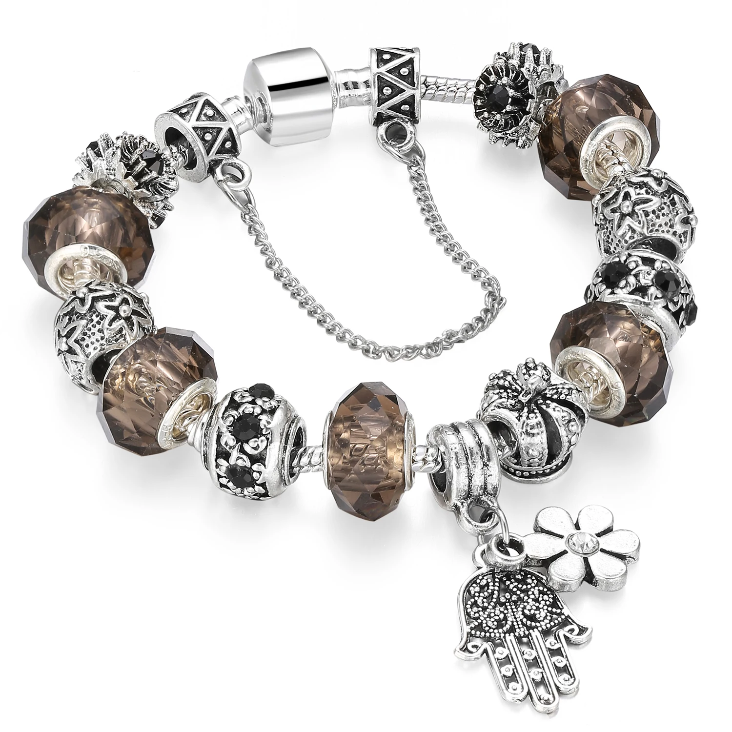 

Suitable Women Black Glazed Crystal Pendant European Retro Silver Plated Ladies Noble Pa Bracelet DIY Handmade