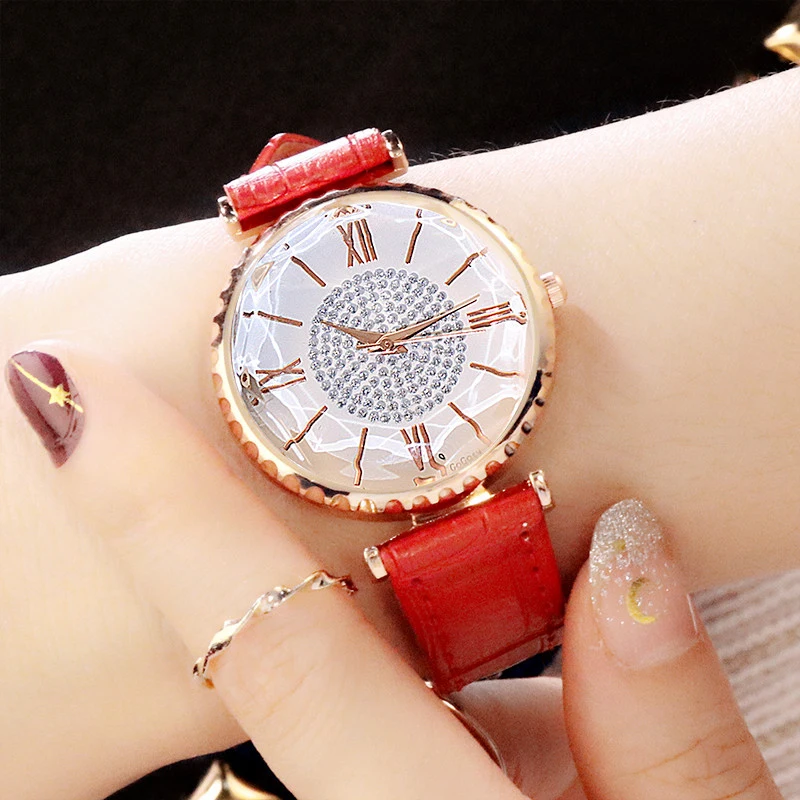

GUOU Luxury Women's Watches 2019 Diamond Watches Leather Bracelet Ladies Watch Party Clock Women Gift relogio feminino saat