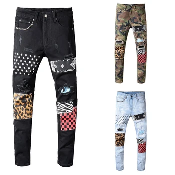 

Fashion Streetwear Men Jeans Slim Fit Patch Designer Ripped Jeans Men Printed Punk Pants Big Size 28-40 Hip Hop Jeans