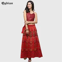 Красная веер принт богемные длинные юбки женские летние элегантные пляжные длинные юбки Бохо низкая талия юбка на шнуровке