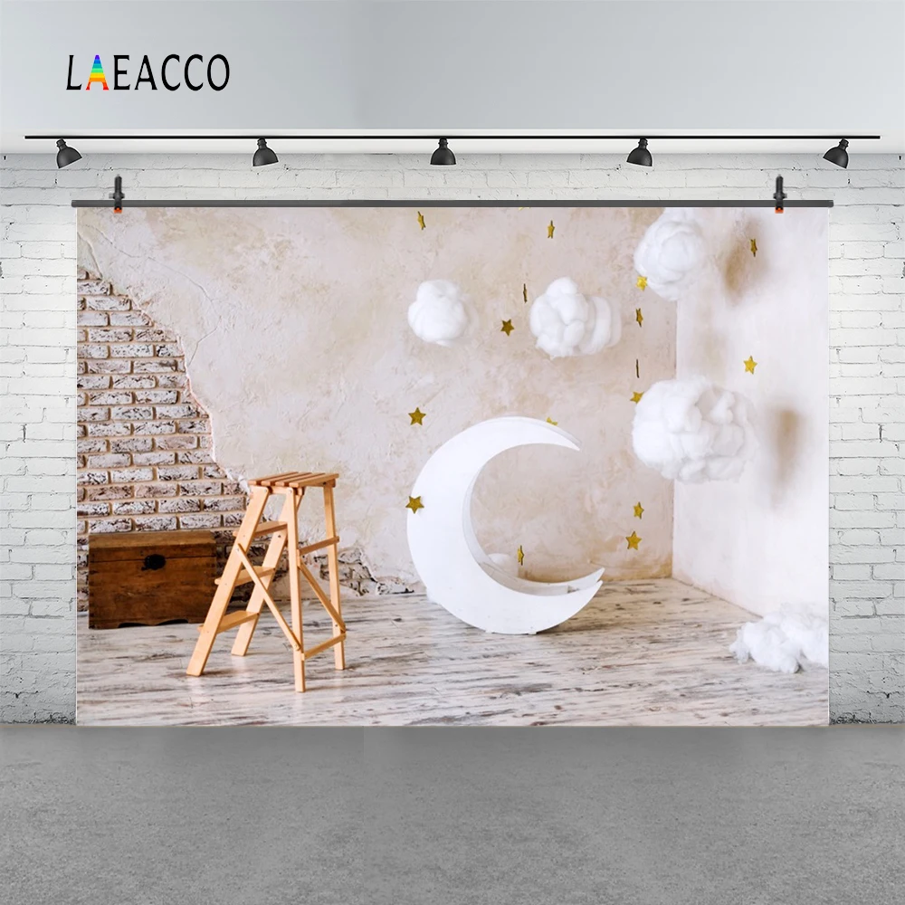 Laeacco Brick Wall Moon Model Cotton Clouds Baby Photography Backgrounds Customized Photographic Backdrops For Photo Studio