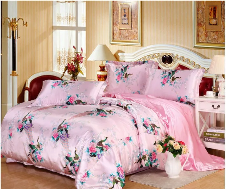 7pcs Pink peacock bird print bedding set king size silk satin sheets