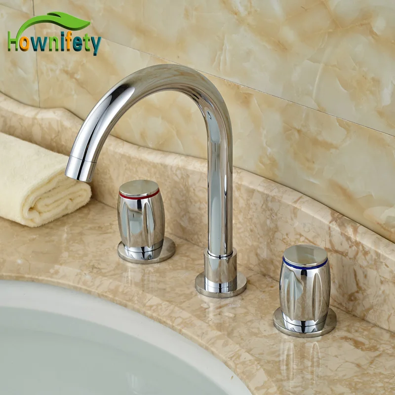 

Contemporary Bathroom Sink Faucet Double Handles 3pcs Widespread Basin Mixer Tap Chrome
