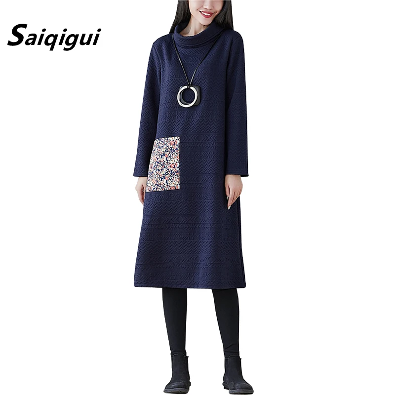 

Saiqigui 2019 Autumn winter dress women long sleeve casual loose Pockets Bottom dress Turtleneck A-Line vestidos de festa