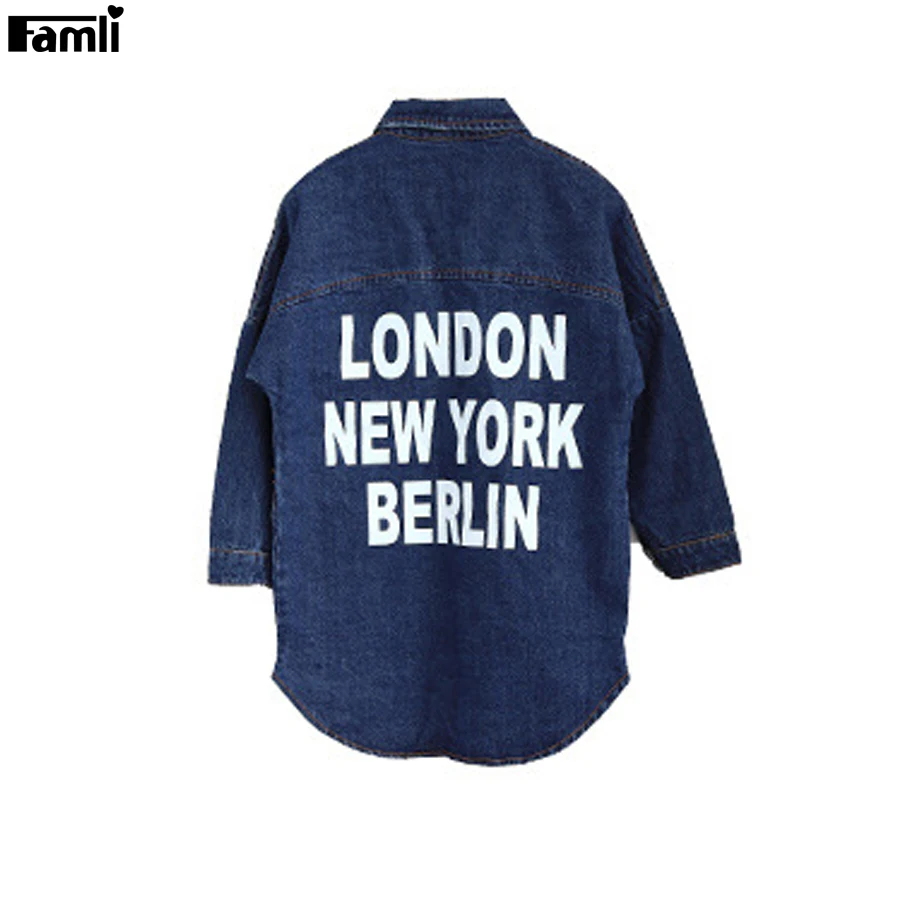 

Famli Baby Girls Long Jean Jacket Spring Autumn Children Girl 2Y-7Y Fashion Letter Print Denim Coat Kids Girl Jean Outerwear