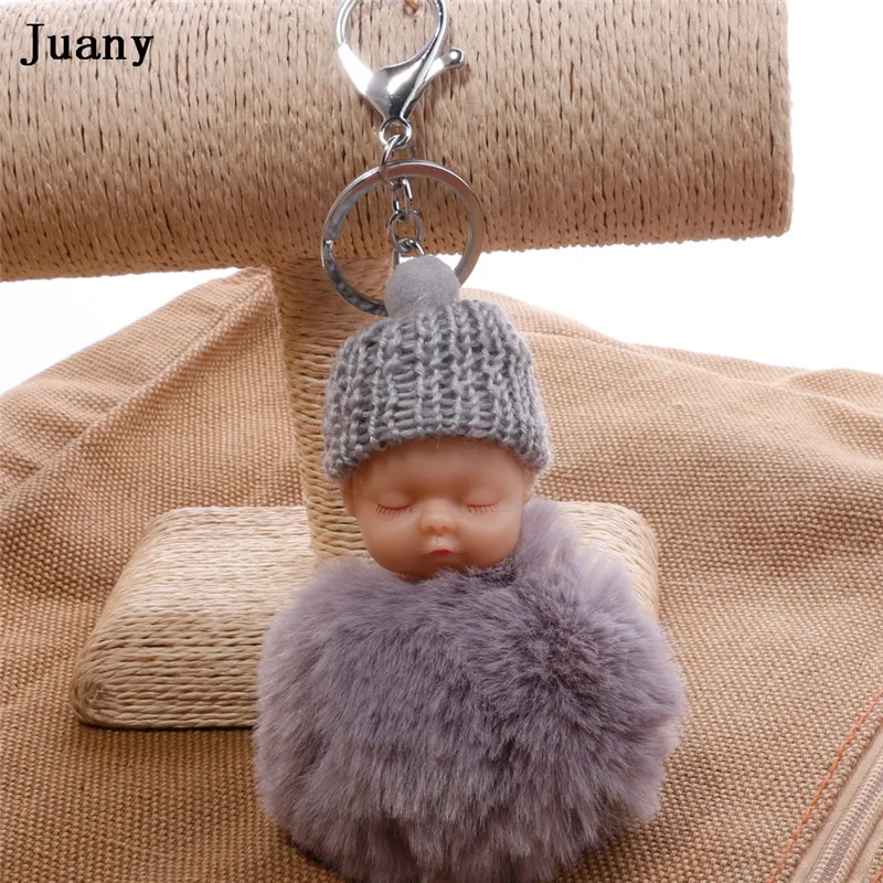 pompom key chain sleeping baby doll key chain pompom rabbit fur ball keychain car keyring women bag car pendant charm 3