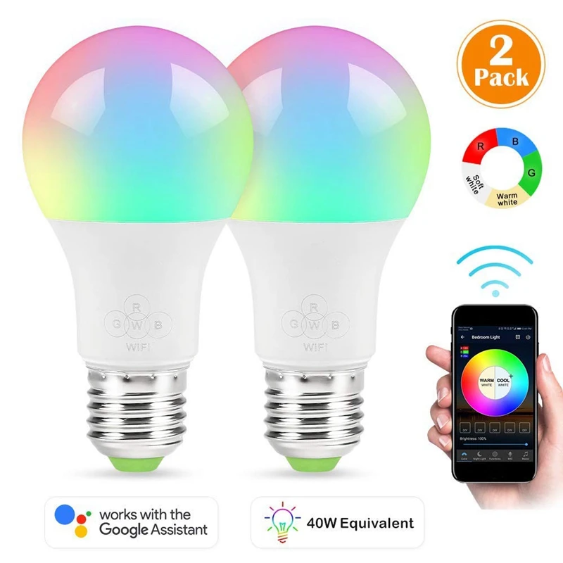 

Smart light bulb, 2 piece wake-up WiFi light, mobile phone control color adjustable soft, cool white, RGB LED bulb 4.5W (40W e