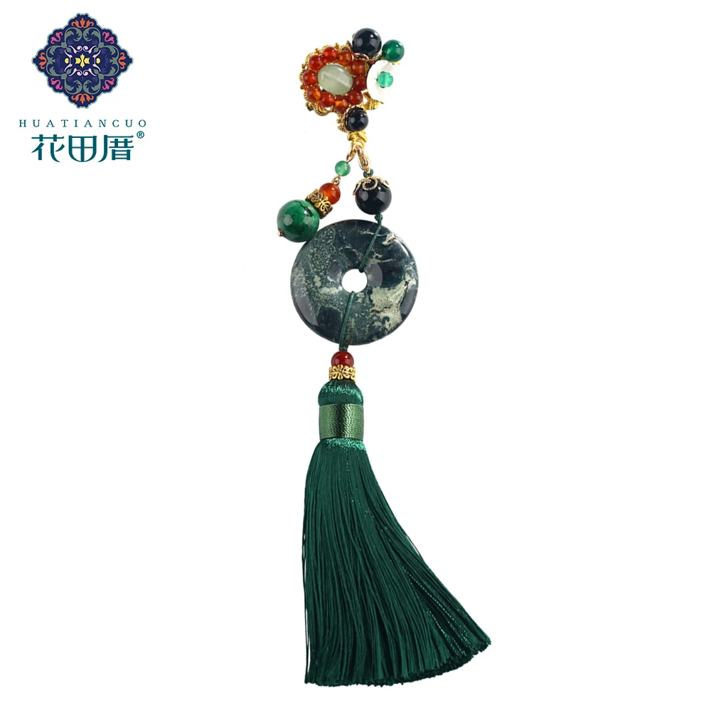 

Ethnic Woman Brooch Tassel Handmade Red Black Green Stone J ade Beads Shell Flower Zinc Alloy Female Accessories XZ-18082