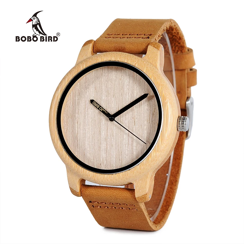 

BOBO BIRD V-A22 Bamboo Wooden Quartz Watch Mens Luxury Brand Leather Watch Logo Silk-Screen on Hour Hand erkek kol saati