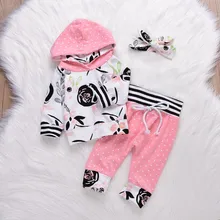 Модная Милая Одежда для новорожденных девочек; толстовка с капюшоном; штаны в полоску; комплект из 2 предметов; хлопковый спортивный костюм для малышей