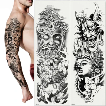 

2pcs/lot new full arm tattoo sticker large flower shoulder Black White Buddha Devil Pagoda fake tattoos sleeve cool body paint