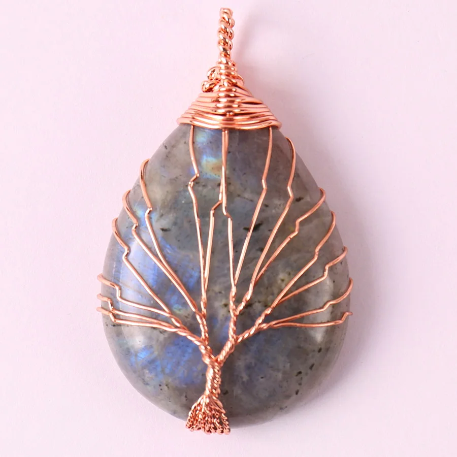 

Tree of Life Wire Wrap Natural Stone Bead Gray Labradorite Handmade Wire Wrap Pendant Teardrop 1Pcs K2027