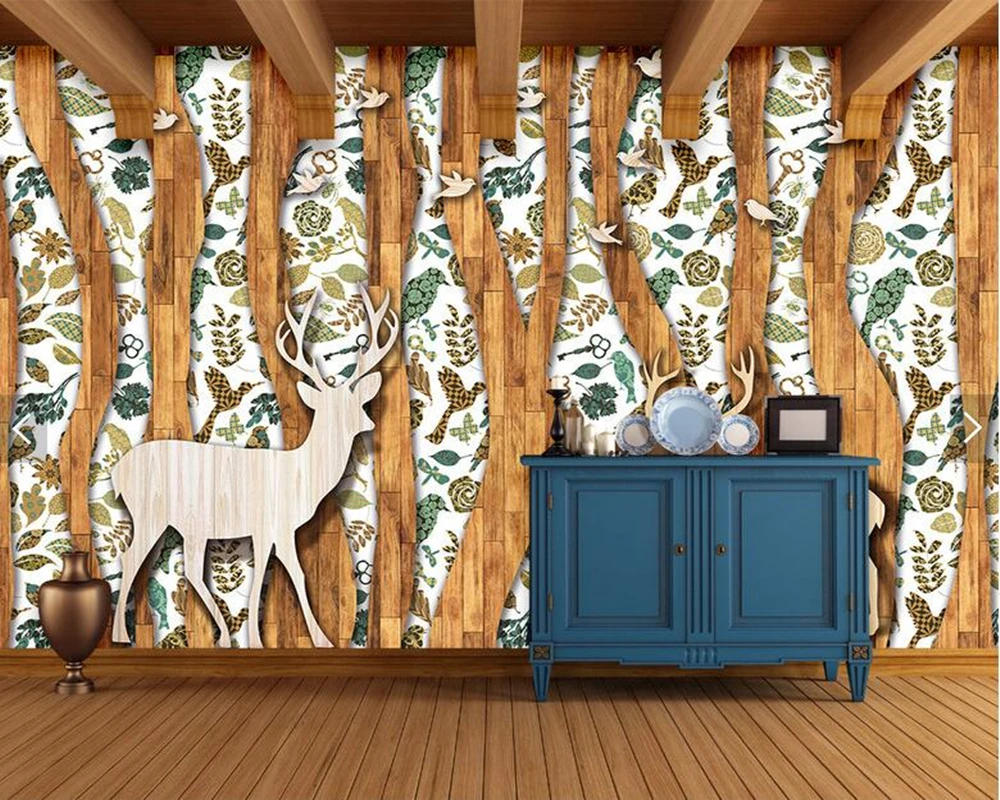 

Custom wood texture wallpaper, abstract forest elk and bird murals for living room bedroom sofa background wall decoration paper