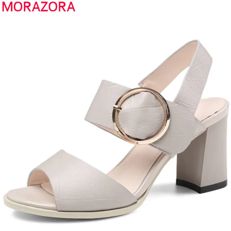 

MORAZORA 2018 hot sale women sandals peep toe summer shoes genuine leather party wedding shoes buckle square high heels shoes