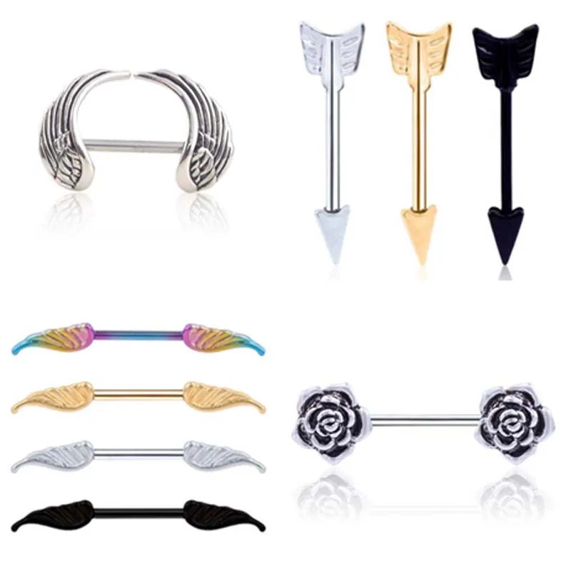 

2 pcs/lot Surgical Steel Heart/Wing/ Flower Body Nipple Bar Barbell Piercing Shield Rings Rushed Ear Plugs have rod Piercing