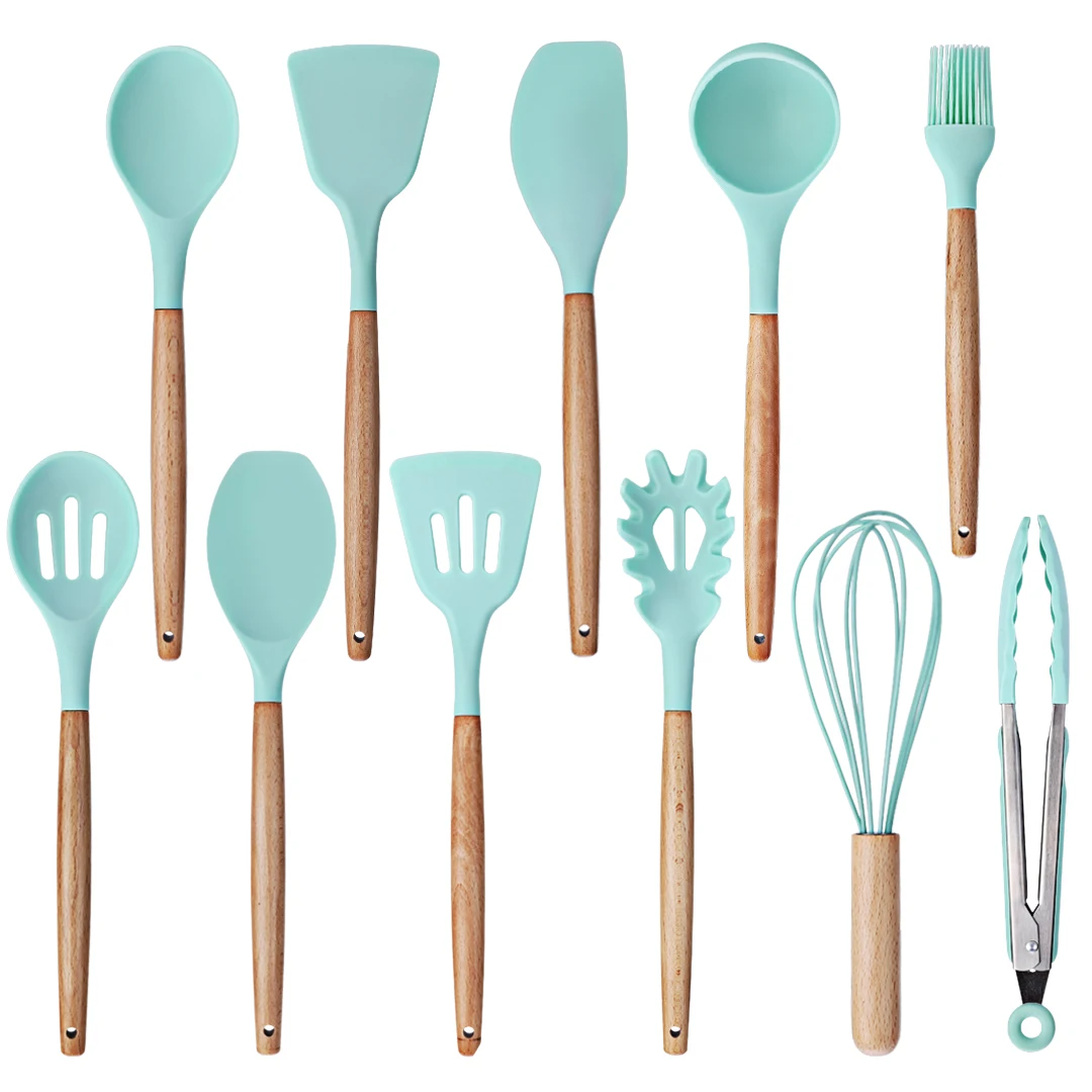 11pcs Silicone Kitchen Utensils Set Nonstick Cooking Baking Tools with Bamboo Wood Handles Cookware Kitchenware for Pots Pans