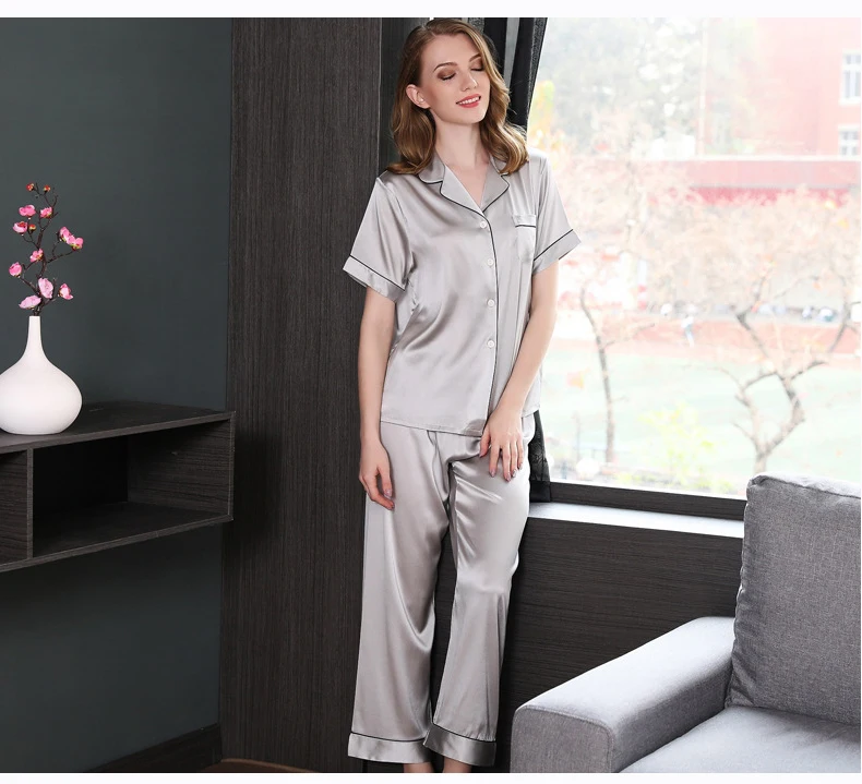 Чистый пижамы костюмы из натурального шелка топ с короткими рукавами+ брюки Шелковый пижамный комплект летние женские пижамы домашний костюм