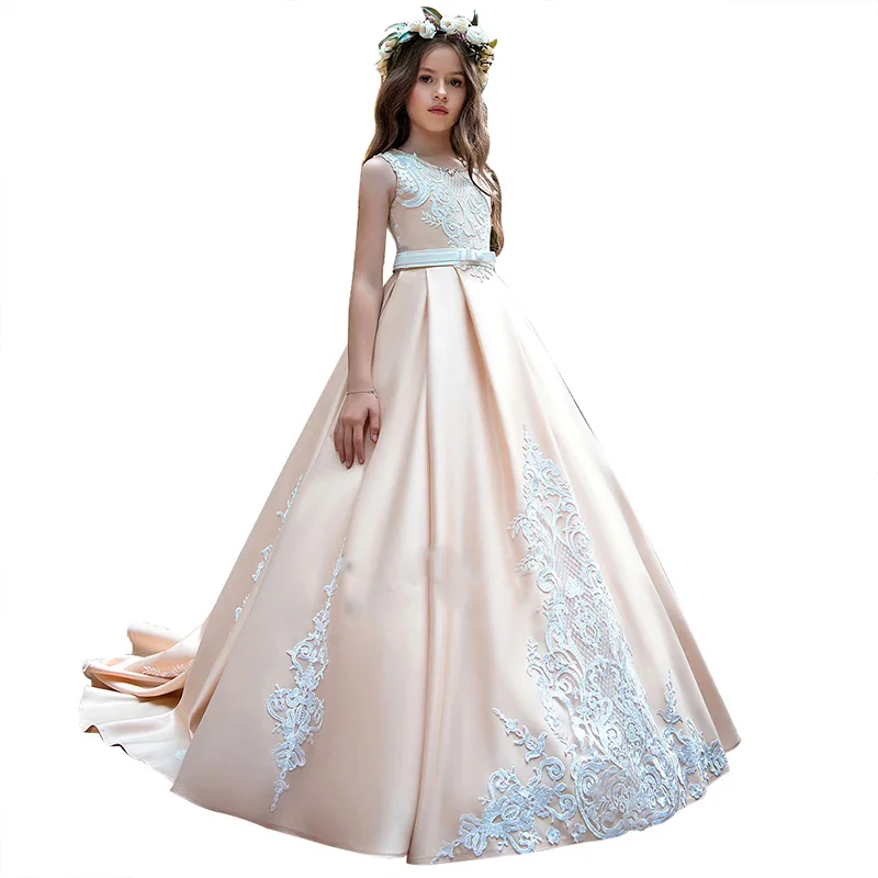

New Long Sleeve First Communion Dresses O-neck with Bow Sash Flower Girl Dresses Ball Gowns Custom Made Vestidoslx
