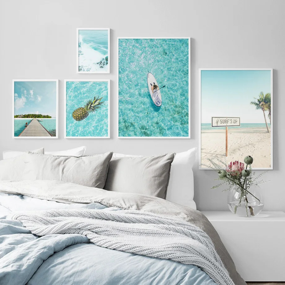 Пляж Серфинг морской автомобиль Кокосовая пальма пейзаж скандинавские плакаты и принты настенные художественные картины на холсте настенные картины для декора гостиной