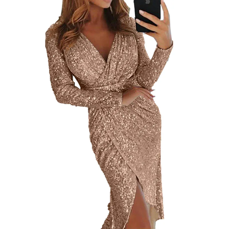 

2019 New Fashion Autumn Winter Clothing Ladies Sequins Long Sleeved V-neck Shiny Dress Slim Club Sexy Party Dress Women Vestidos