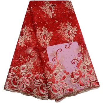 

Red Color African Lace Fabric 2018 Embroidered Nigerian Laces Fabric High Quality French Tulle Lace Fabric With Sequins A986
