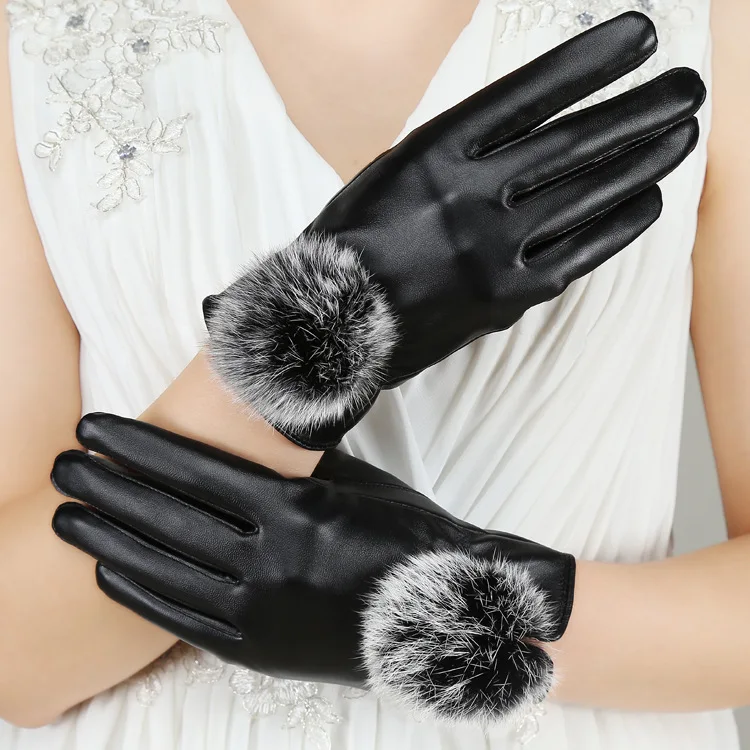 Fashion Touch Screen Gloves Women PU Leather Glove Full Finger Winter