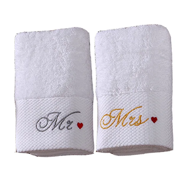 iDouillet White Cotton Bath or Hand Towels with Mr./Mrs. Embroidery Set