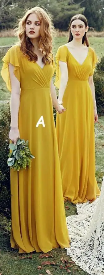Золотисто-желтое шифоновое платье подружки невесты с шляпа с оборками рукава v-образным вырезом длинное вечернее платье для свадьбы - Цвет: Style A