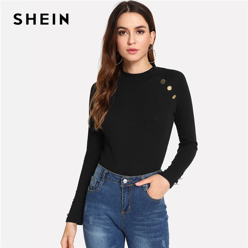 SHEIN Трикотажный Джемпер С Декоративными Пуговицами, Топ С Длинным Рукавом