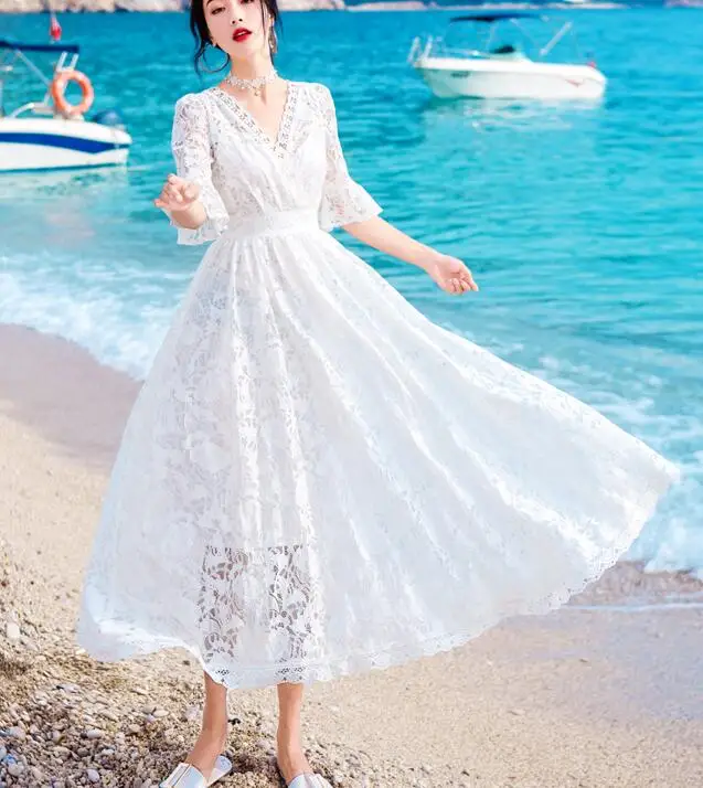 Высокое качество,, элегантные вечерние платья queen, Новое поступление, v-образный вырез, рукав-фонарик, кружевное женское длинное платье белого цвета