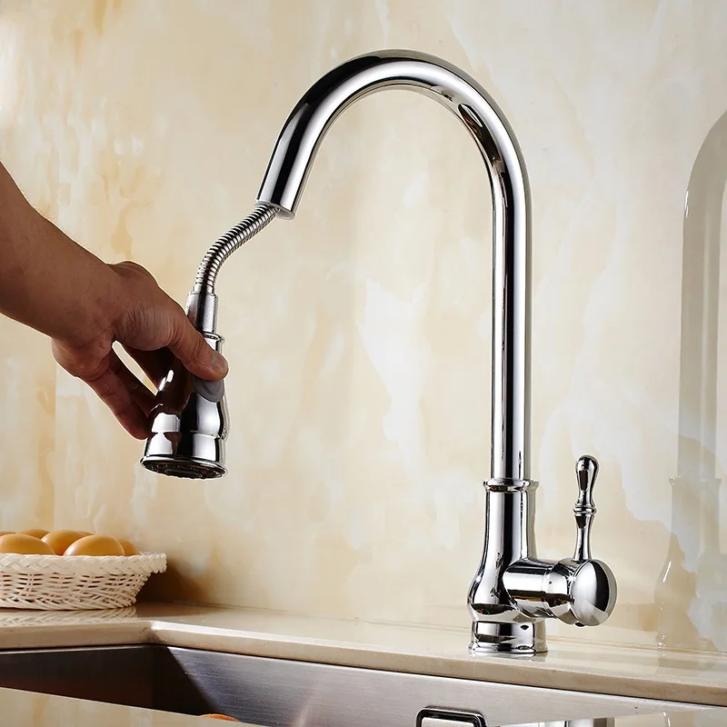 

Single Hole Handle 360 Rotate Crane Chrome Swivel Sink Mixer Pull Out Kitchen Tap Kitchen Faucets Silver Single Handle 9105