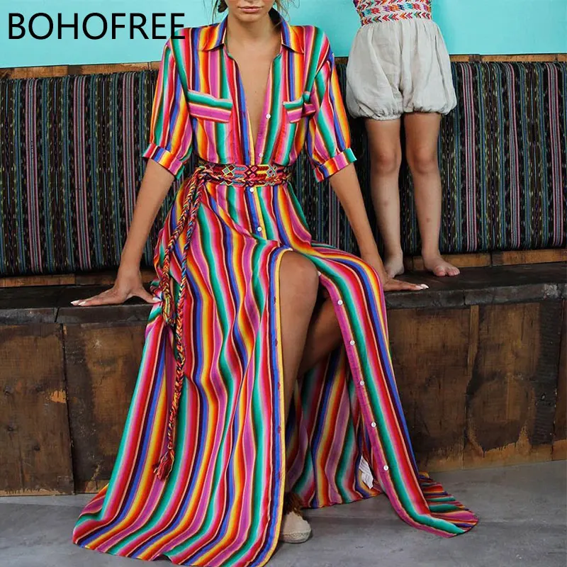

BOHOFREE Rainbow Colorful Short Sleeve Pocket Button Down Long Maxi Hippie Dress Boho Style Beach Vestidos Femmes (No Belt)