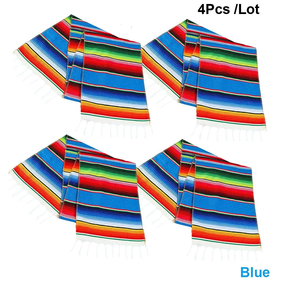 Blue-4Pcs Мексиканский Serape Настольная дорожка хлопковая скатерть Радуга DIY свадебные Fiesta вечерние украшения 213X35 см 1/2/4/5 шт 2 Цвета - Цвет: Blue-4Pcs