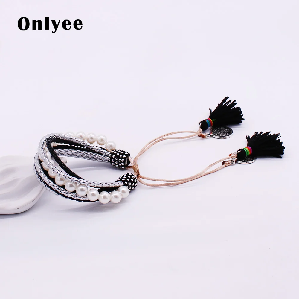 

Onlyee Leather Bracelet Fashion Handmade Beaded Active knot Bracelet Multilayer Leather Rope Wrap Fringe Bracelets for Women