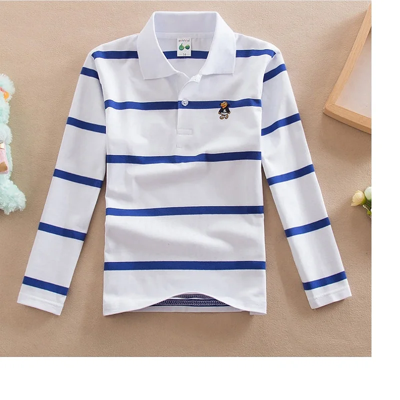 High quality 4-12 years old boy polo shirt long sleeve shirt lapel round neck striped solid color cotton T-shirt