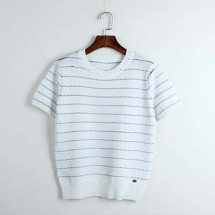 

New 2019 Runway White Designer Striped t shirt Harajuku Women Knitted Camiseta Feminina Tee Shirt Femme Casual Short Sleeves Top