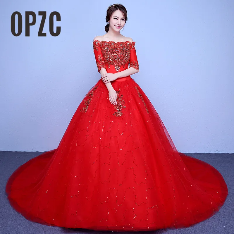 

Real Photo Luxury Long Train Wedding Dress 2018 Court Vintage Boat Neck Half Sleeve Lace Bride Dress vestido de noiva Appliques