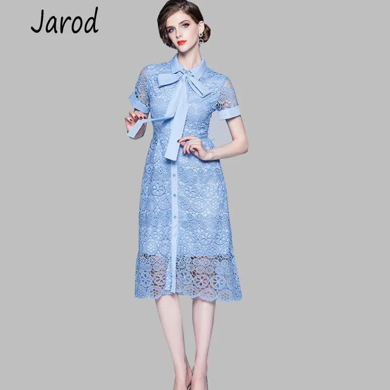 

2019 New Summer Women Hollow Out Water Soluble Lace Dress Elegant Belt Bow Short Sleeve Single-Breasted Midi Party Dress