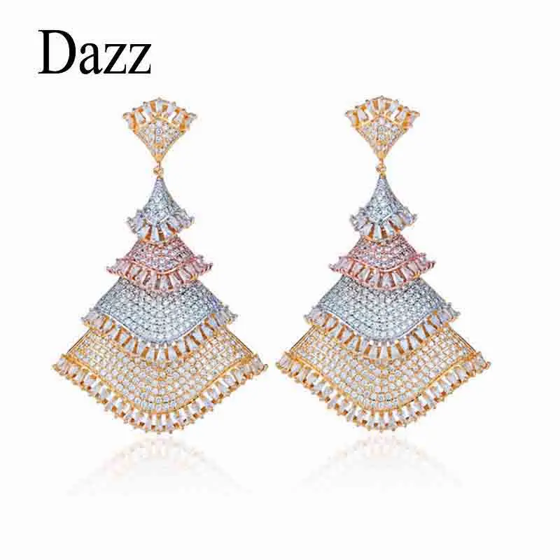 

Luxury Dubai Multilayer Pendant Earrings Three Tone Copper Gold Jewelry for Women Party Wedding Geometric Accessories Gifts 2019