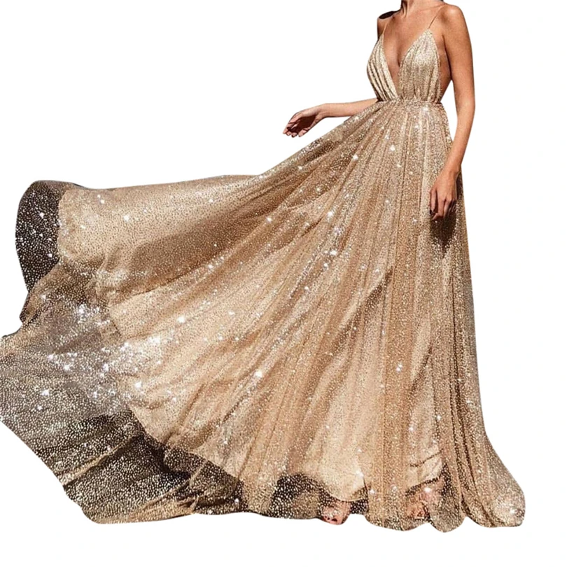 Women Spring Summer Sexy Lace Solid Sleeveless Golden Hollow V-Neck Long Party Elegant Evening Dress #4M15 (8)