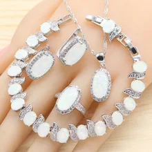 Мода 925 серебряные ювелирные наборы для женщин Белый Австралия Белый огненный опал браслет ожерелье кулон серьги кольца Подарочная коробка